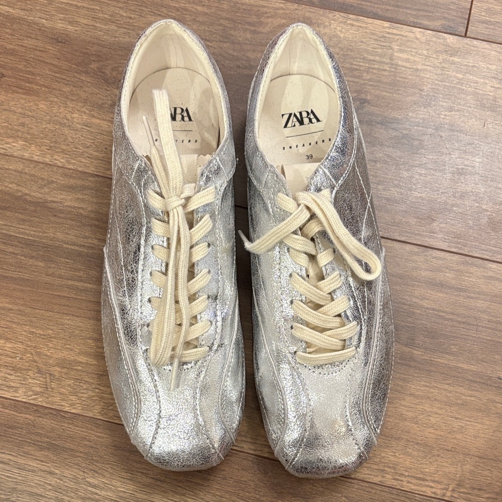 SOLD Zara Metallic Silver Sneakers with Cream Laces